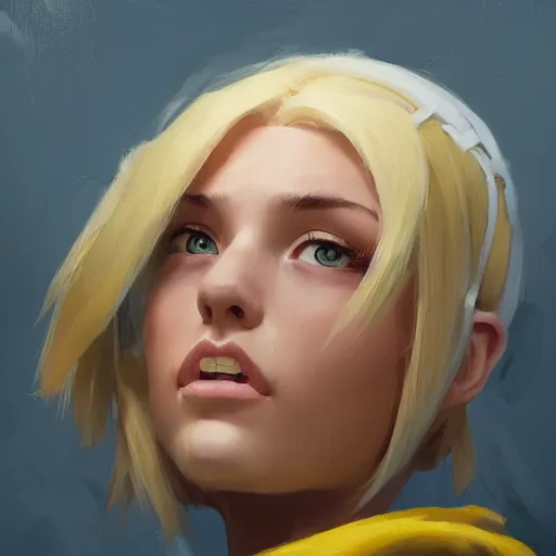 Prompt: greg manchess portrait of a beautiful teen girl with blonde hair, wearing a blue hoodie, as an overwatch character, medium shot, asymmetrical, swedish, cinematic lighting, window, profile picture, organic painting, matte painting, bold shapes, hard edges, street art, trending on artstation, by huang guangjian and gil elvgren and sachin teng