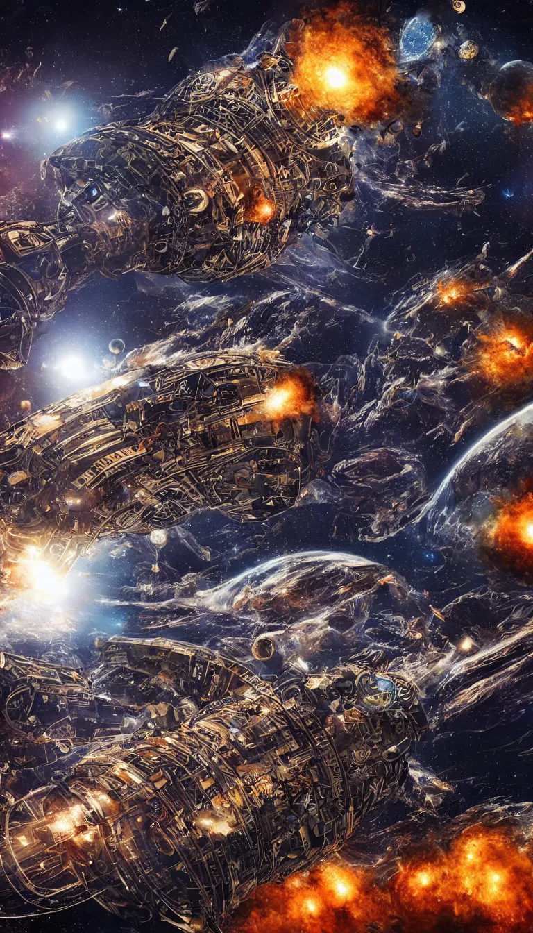 Image similar to intricate machine in space, explosions, art by mark cooper, 8 k, hyper detailed, hdr, intricate, masterpiece