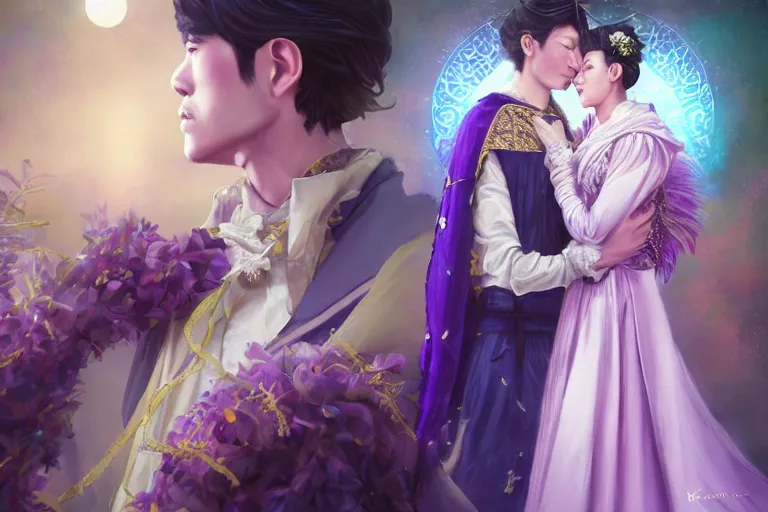 Image similar to a cinematic portrait of wedding photograph jpeg close up moment of a divine a japan sun god and moon goddess lovers magician at a wedding banquet. portraiture. digital painting. artstation. concept art. fantasy wedding photo. digital painting, 8 k realistic, hyper detailed, violet evergarden art masterpiece by art by krenz cushart