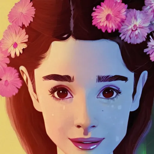 Image similar to portrait of young audrey hepburn smiling with flowers raining over her. sharp focus, cinematic pose, cinematic lighting, unreal engine render. art by josan gonzales and moebius and deathburger.