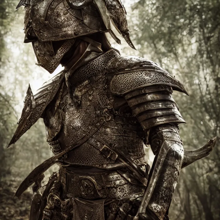 Prompt: armoured male warrior, in a fantasy forest, medieval style, highly detailed, smooth, sharp focus, character portrait, portrait, close up, concept art, intricate details, medieval poster, 8 k. lifelike. soft light. nikon d 8 5 0