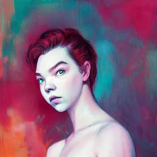 Prompt: anya taylor - joy ethereal look portrait in detail in block colour by james jean,