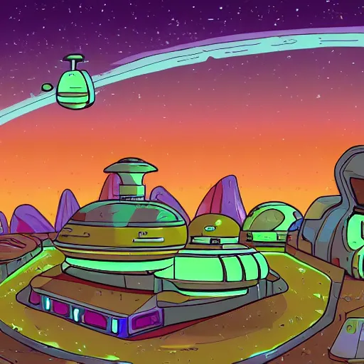 Prompt: retro sci-fi alien landscape spaceport in Rick and Morty style