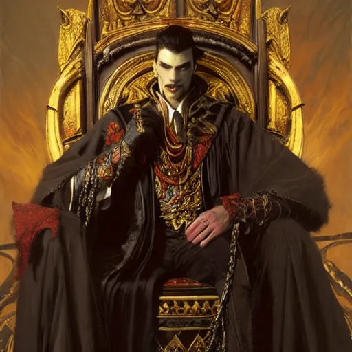 Image similar to perfectly centered portrait of attractive vampire king in a robe sitting on a throne of bones, highly detailed painting by gaston bussiere, craig mullins, j. c. leyendecker, 8 k