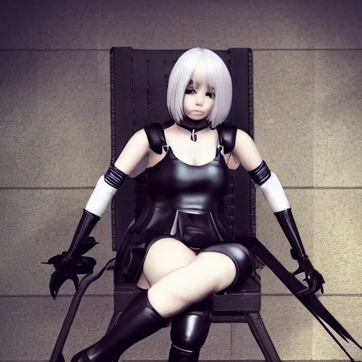 Prompt: a girl inspired from 2b from nier automata, sitting on a chair, 4k ultra realistic, trending on artstation concept, professional art, full body from head to feet