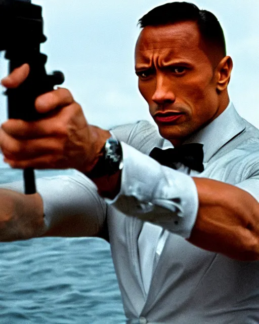 Image similar to Film still close-up shot of Dwayne Johnson as James Bond from the movie Goldeneye. Photographic, photography