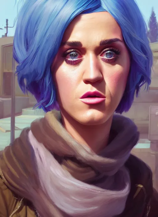 Image similar to Highly detailed full-body portrait of homeless Katy Perry, in GTA V, Stephen Bliss, unreal engine, fantasy art by Greg Rutkowski, Loish, Rhads, Makoto Shinkai and Lois van baarle, ilya kuvshinov, rossdraws, Mat collishaw, global illumination, radiant light, detailed and intricate environment