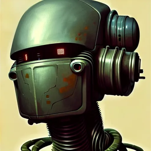 Image similar to detailed concept art of a diesel punk robot portrait, muted color palette, trending on artstation, award - winning video game concept art by jim burns and greg rutkowski, beksinski, a sci - fi concept art masterpiece, james gilleard, bruegel, alphonse mucha, and yoshitaka amano.