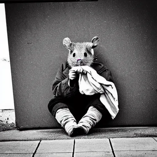 Image similar to “ hamster dressed as a homeless person sitting at an intersection with arms stretched out holding a tin can ”