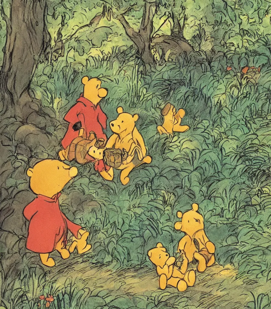 Prompt: a picture book illustration of a forest scene by a. a. milne featuring winnie the pooh and piglet