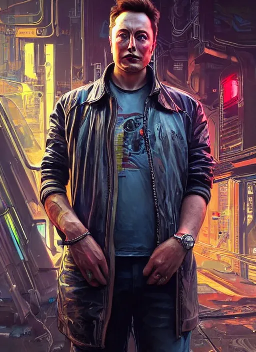 Prompt: portrait of elon musk as a homeless character in cyberpunk 2 0 7 7, looking at camera, intricate, dystopian, sci - fi, extremely detailed, digital painting, artstation, concept art, smooth, sharp focus, illustration, intimidating lighting, incredible art by artgerm and greg rutkowski and alphonse mucha and simon stalenhag