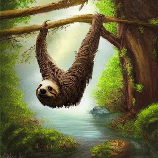 Image similar to a fantasy artwork of a sloth floating down stream