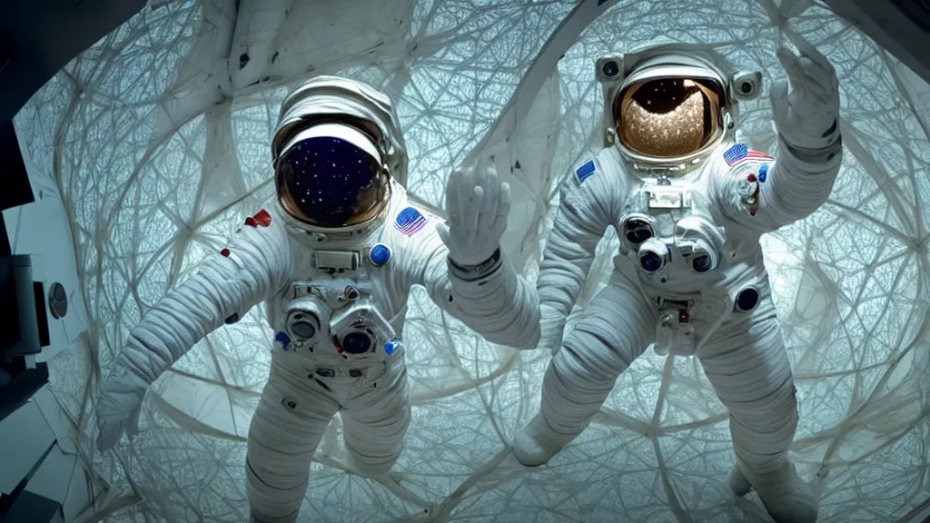 Image similar to a single astronaut eva suit interwoven with diamond 3d fractal lace iridescent bubble 3d skin and covered with insectoid compound eye camera lenses floats through the living room, film still from the movie directed by Denis Villeneuve with art direction by Salvador Dalí, wide lens,