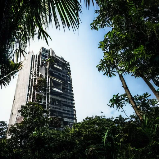 Prompt: Skyscraper abandoned in the middle of the jungle, 4k, award winning photo, canon camera
