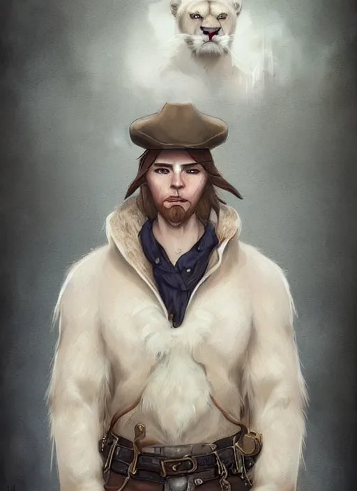 Image similar to beautiful portrait commission of a male furry anthro albino mountain lion wearing old-timey miner's clothes. Atmospheric. Character design by charlie bowater, ross tran, artgerm, and makoto shinkai, detailed, inked, western comic book art