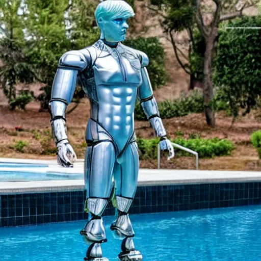 Image similar to a realistic detailed photo of a guy who is an attractive humanoid who is half robot and half humanoid, who is a male android, wrestler bo nickal, shiny skin, posing like a statue, blank stare, by the pool, on display, showing off his muscles, humanoid robot, frozen ice statue