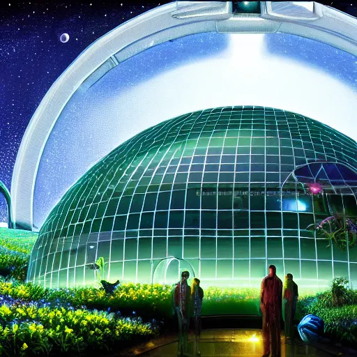 Image similar to a cinematic view of a deepspace solar powered space habitat colony, large domed greenhouses with exotic plants, retrofuturism, scifi art, oil on canvas, biodome, stars in the sky above, details, hyper - detailed, hd, hdr, 4 k, 8 k