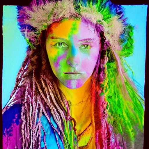 Image similar to a painting of a hippy woman in tie-dye at woodstock, natural colours, character photography, Exquisite detail, post-processing, masterpiece, by Eva Widermann