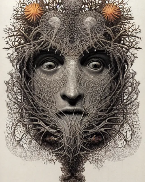 Image similar to realistic detailed underwater face portrait of the beautiful young god of the fish of the fractal waters with an intricate headgear of corals, sea kelp, sea plants, fish, starfish, jellyfish, art by ernst haeckel, zdzisław beksinski, hieronymus bosch, gothic, neo - gothic, ornamental, beautiful deep colours,