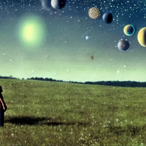 Prompt: an old man in a field looking at multiverse bubbles in the sky, scene from a star trek movie