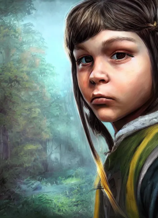 Image similar to An epic fantasy comic book style portrait painting of a young green-eyed feminine boy, fair skin, long brown hair worn in two pigtails, with his left pigtail being shorter than his right, he wears a yellow hoodie with a grey undershirt, unreal 5, DAZ, hyperrealistic, octane render, cosplay, RPG portrait, dynamic lighting