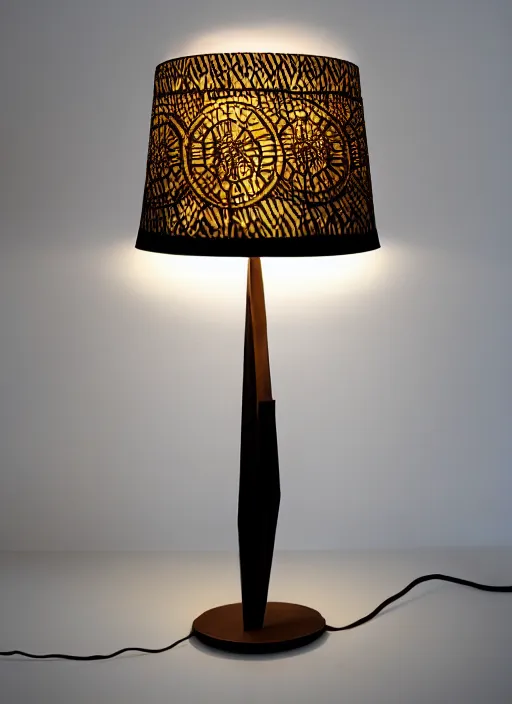 Prompt: A large lamp with fabric lampshade designed by Petros Afshar