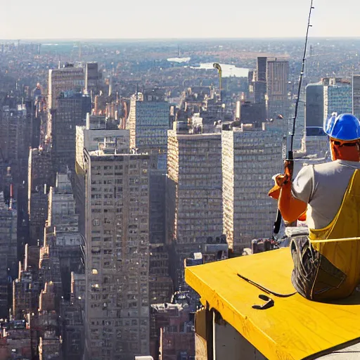 Image similar to a construction worker with a fishing rod sitting on a metal beam high over new york city, photography