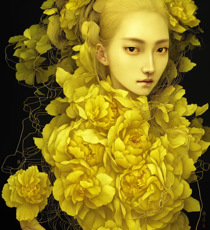 Prompt: beautiful yellow woman, symmetrical portrait, realistic, black peonies, tangled vines, rich details, by wlop and amano yoshitaka