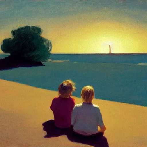 Prompt: a nine year old blonde girl and her two parents sit on a blanket at the beach and watch through sun go down in the style of Edward hopper