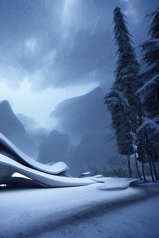 Prompt: a futuristic scene in front of a zaha hadid building in the forrest of the french alps in the style of chris moore, stormy weather, cinematic matte painting, extreme detail photo quality, soft colors, snowfall, featured on behance