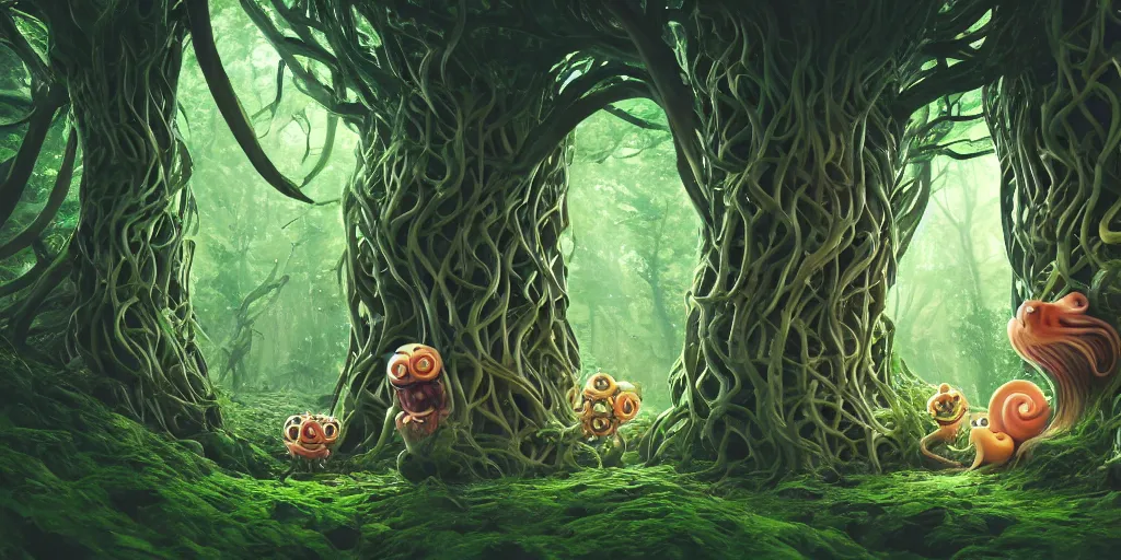 Image similar to of an intricate forest with strange cute friendly happy creatures with huge eyes, mouth, long tongue, round teeth and goofy face, appearing from the background, in the style of gehry and gaudi, macro lens, shallow depth of field, ultra detailed, digital painting, trending artstation, concept art, illustration, cinematic lighting, photorealism, epic, octane render