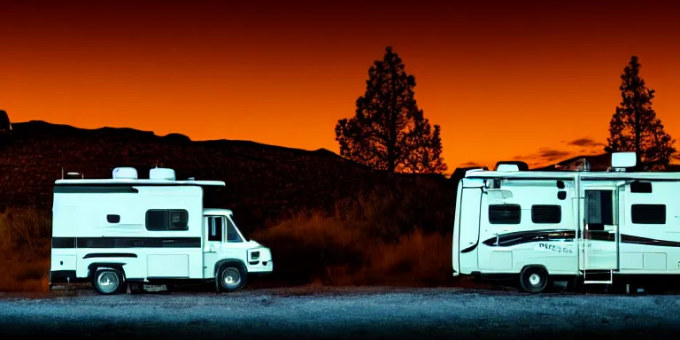 Prompt: photo still of the rv from the tv show breaking bad, cinematic-shot, night lighting, night skies, 4k