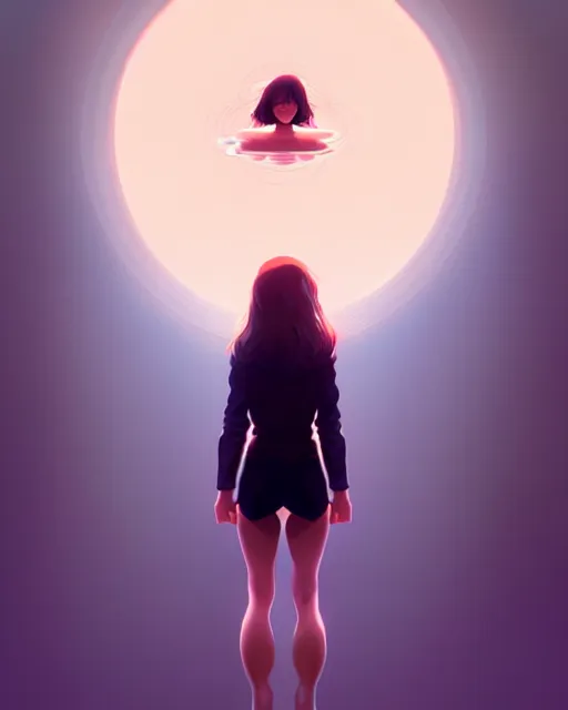 Image similar to girl in sky, floating in the atmosphere, symmetrical face and body, symmetrical composition, dynamic wavy hair, detailed designs, digital painting, 4 k, by ilya kuvshinov, by greg rutkowski, atmospheric lighting