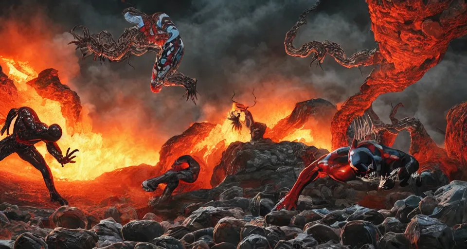 Prompt: Marvel Comics Dead Pool Battles Venom In A Volcanic Lava Pit, bats, sunset, volumetric lighting, hyperrealistic, beautiful details, HDR, octane render, action shot, wide angle, bokeh, Yasushi Niarasawa Moebius Jim Steranko Style