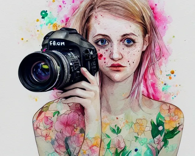 Image similar to pale young woman with bright blonde hair, freckles, big bright eyes and a very wide face, flowery dress, she is holding a professional dslr camera close to her face with her hands, expressive, surrealism, emotional bright watercolor art on white background by conrad roset