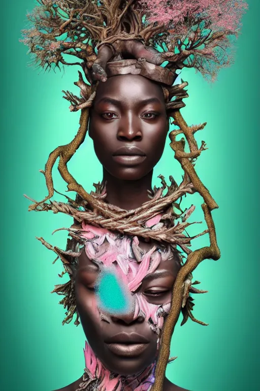 Image similar to hyperrealistic post - maximalist masterpiece super expressive! yoruba goddess with exoskeleton armor, merging with tree in a forest, highly detailed digital art cinematic, smooth cam de leon eric zener dramatic pearlescent soft teal pink light, ground angle hd 8 k, sharp focus