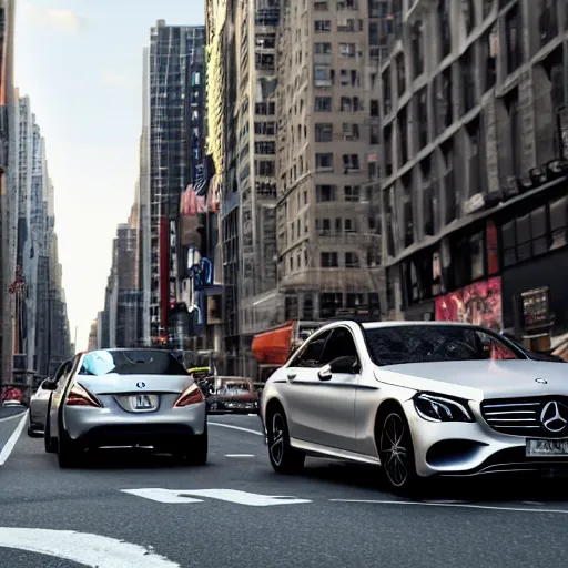 Prompt: magazine ad of a mercedes benz driving through new york city. cinematic. 8 k. octane render.