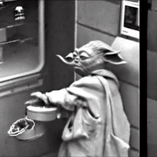 Prompt: cctv footage of yoda robbing a liquor store,