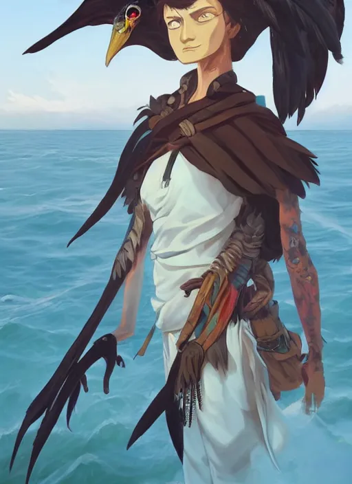 Prompt: concept art painting of an androgynous bird person with human face and black feathers, pirate clothes, by the ocean, detailed, cel shaded, in the style of makoto shinkai and james gurney and moebius and greg rutkowski and artgerm