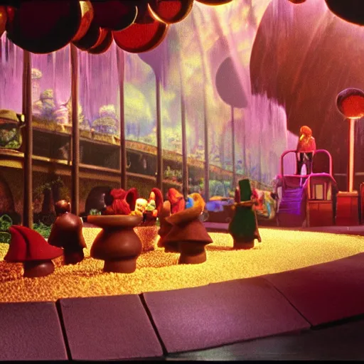 Image similar to a chocolate waterfall. Cinematic, volumetric lighting. Scene from 1971 film Willy Wonka & the Chocolate Factory