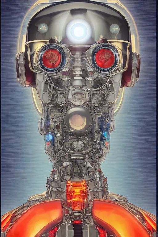 Prompt: an transparent glass portrait of a mecha robot wearing sunglasses holding an orb while standing in front of a massive crowd, by kawase hasui and yoshiyuki sadamoto, colorful flat surreal design, xray hd, 8 k, artstation