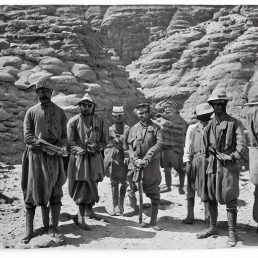 Image similar to ultra detailed photorealistic sepia - toned photo from 1 9 1 7, clean - shaven british soldiers standing with bedouin traders in traditional arab garb, at an archaeological dig site in wadi rum, ultra realistic, painted, intricate details, lovecraft, atmospheric, dark, horror, brooding, highly detailed, by clyde caldwell