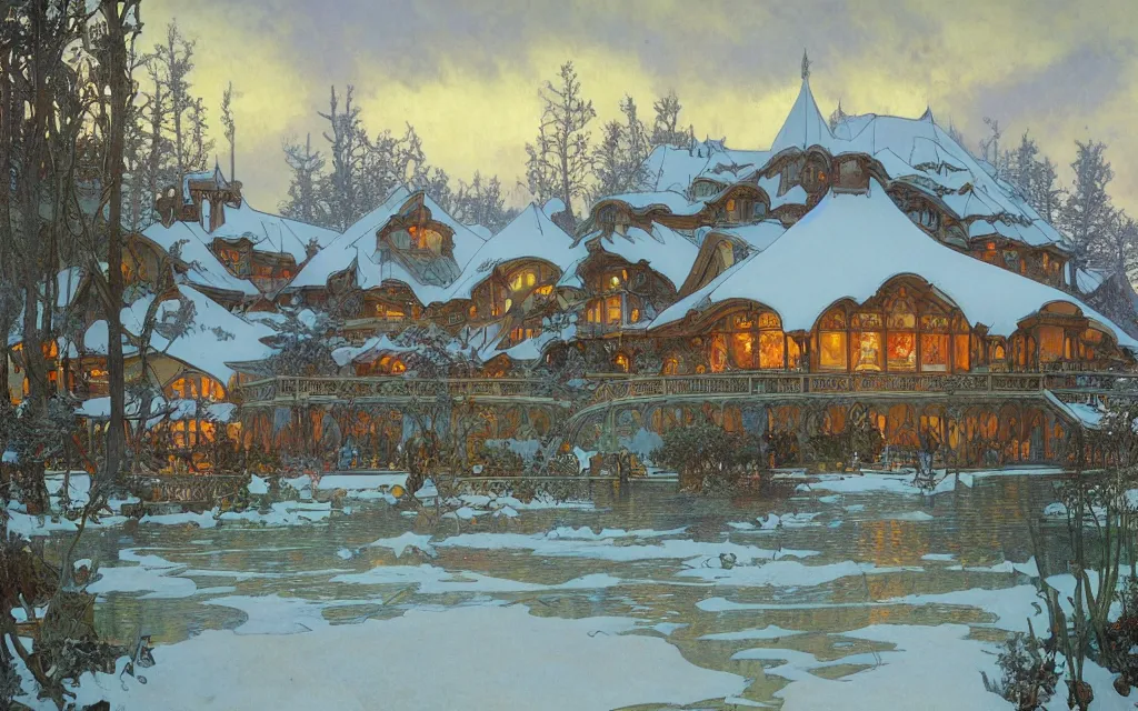 Prompt: A beautiful matte painting of a wintery fantasy inn by the lake by Alphonse Mucha, Clyde Caldwell,Brothers Hildebrandt, thomas kincade, trending on artstation