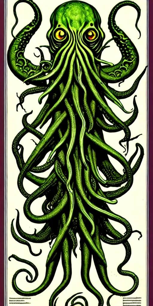 Image similar to cthulhu cross section scientific illustration biology book, highly detailed, style of illuminated manuscript codex