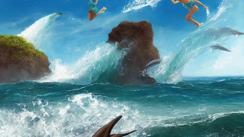 Image similar to first person view of breaking waves on the shore, summer, clear beautiful sky, bright sky, dolphins 🐬 jumping and playing near the shore, peaceful, amazing, by andreas rocha and john howe, and Martin Johnson Heade, featured on artstation, featured on behance, golden ratio, ultrawide angle, f32, well composed