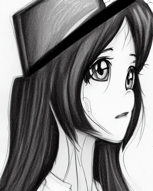 Prompt: highly detailed, cute teenage girl in a tall black top hat, profile face, pencil sketch, gray scale, anime style