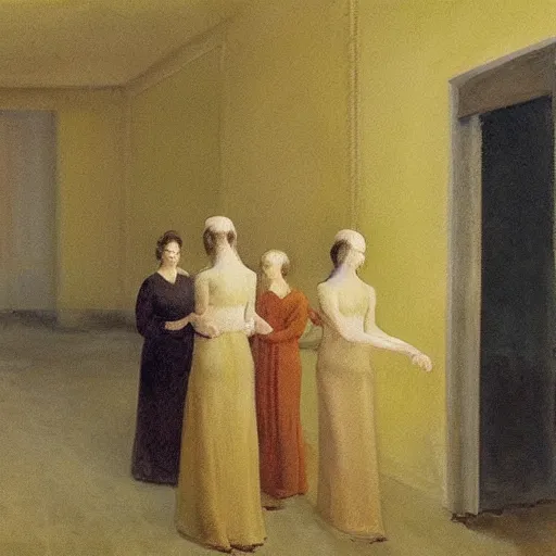 Image similar to a procession of women in an abandoned ivory and gold soviet temple, watercolor by ivan biblin, by hammershøi, art noveau, highly detailed, lights by edward hopper, liminal, eerie, bright pastel colors