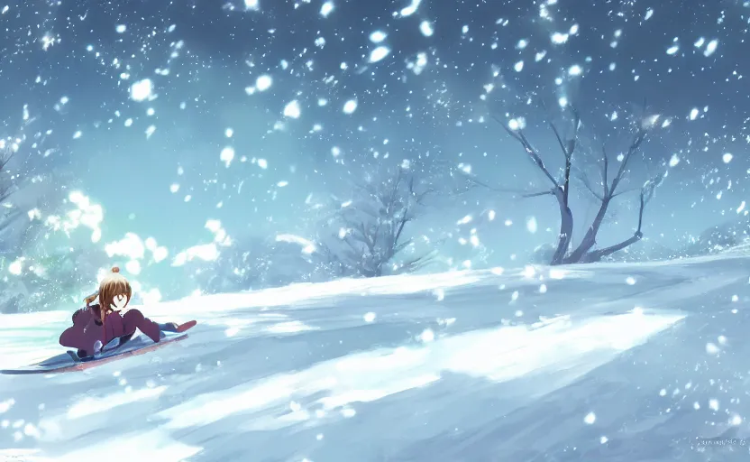 Prompt: An anime girl tobogganing down a hill, the snow flying around her, anime scene by Makoto Shinkai, digital art