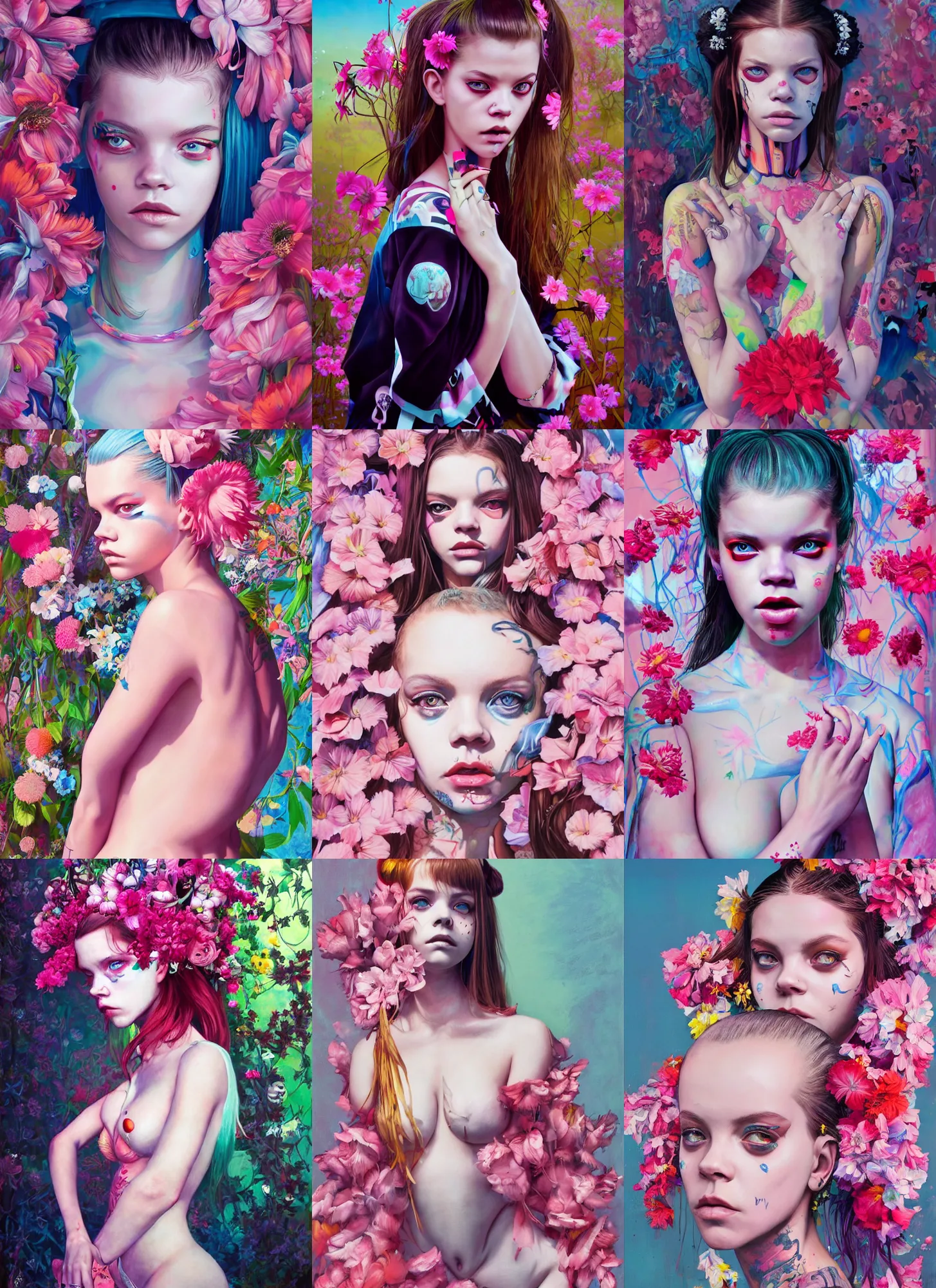 Prompt: still from music video of barbara palvin from die antwoord standing in a township street, wearing street fashion clothing and flowers, haute couture, full figure portrait painting by martine johanna, ilya kuvshinov, rossdraws, pastel color palette, maximalism