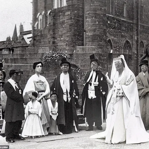 Prompt: The Empress was smiling and waving to the spectators as they waited outside the church in this extreme wide shot, coloured black and white Russian and Japanese combination historical fantasy photographic image of a Royal wedding taken in 1907 by the event's official photographer.